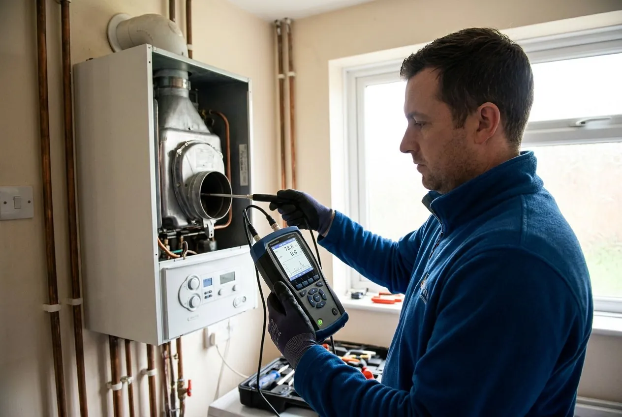 Technicien mesurant la combustion d'une chaudière avec un analyseur