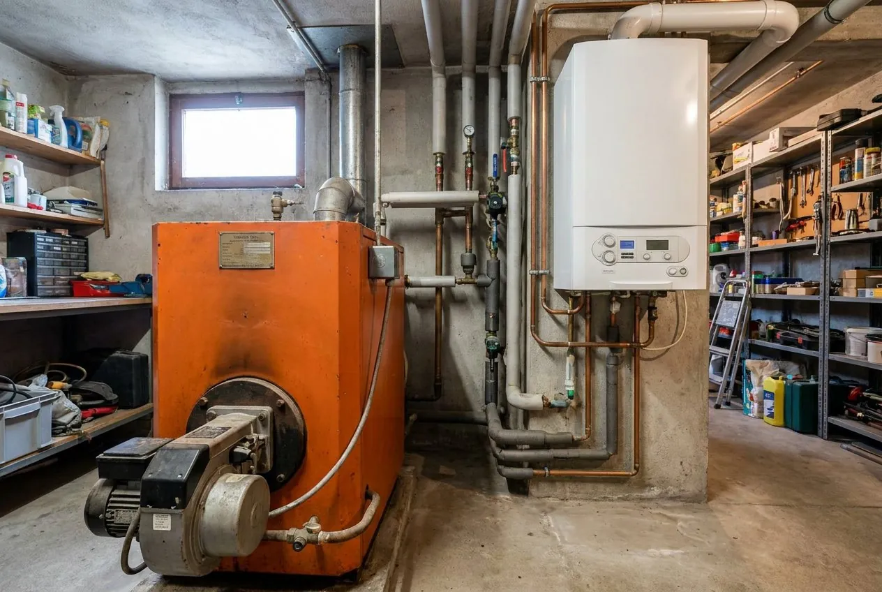 Ancienne chaudière au mazout à côté d'une chaudière au gaz moderne
